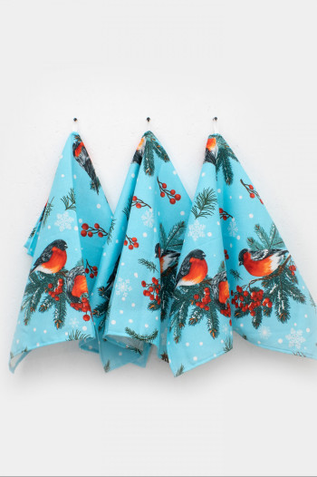 Полотенце вафельное Снегири на голубом